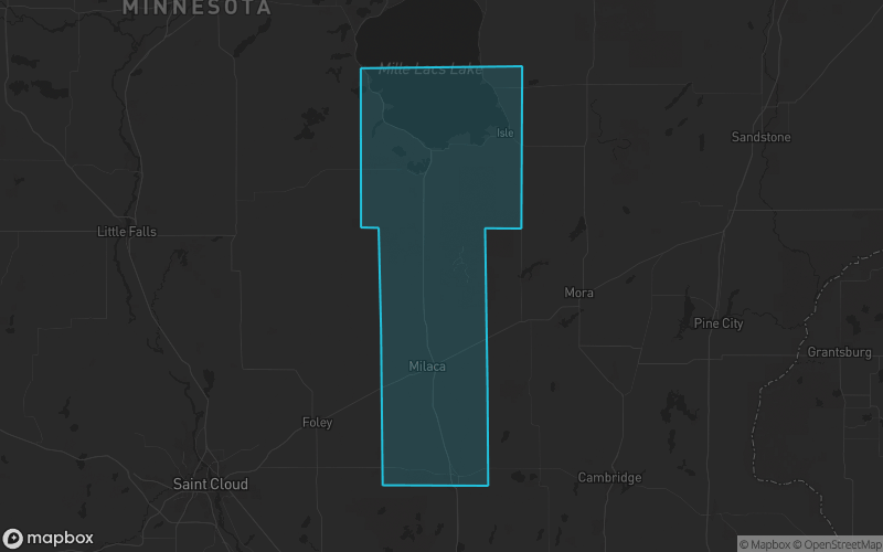 Map of Mille Lacs County, Minnesota showing the county boundary and surrounding cities