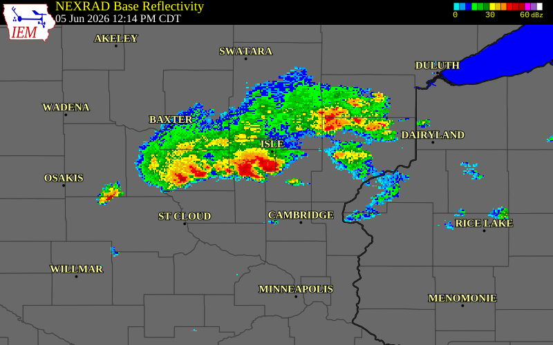 NEXRAD radar during the Friday, June 5, 2026 storm activity in Mille Lacs County, Minnesota