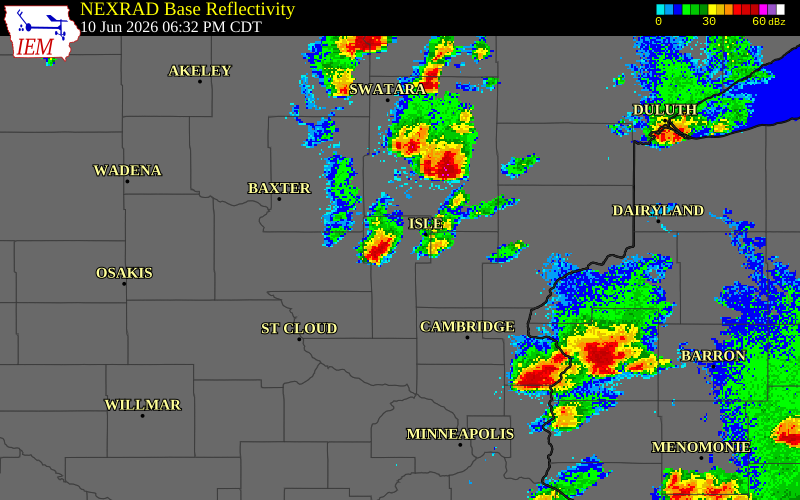 NEXRAD radar during the Wednesday, June 10, 2026 storm activity in Mille Lacs County, Minnesota