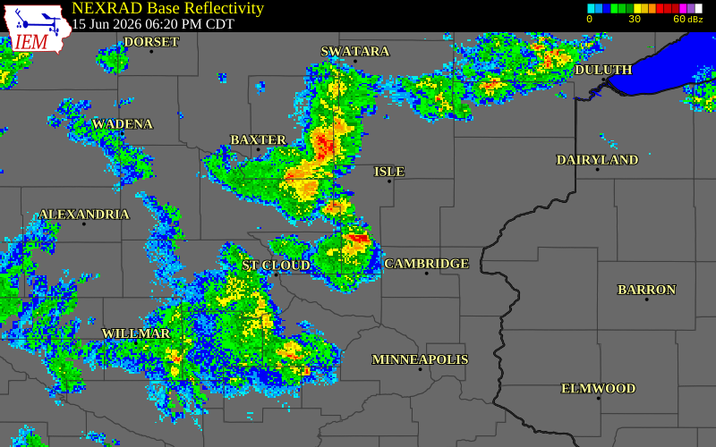 NEXRAD radar during the Monday, June 15, 2026 storm activity in Mille Lacs County, Minnesota
