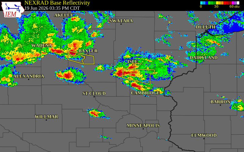 NEXRAD radar during the Friday, June 19, 2026 storm activity in Mille Lacs County, Minnesota