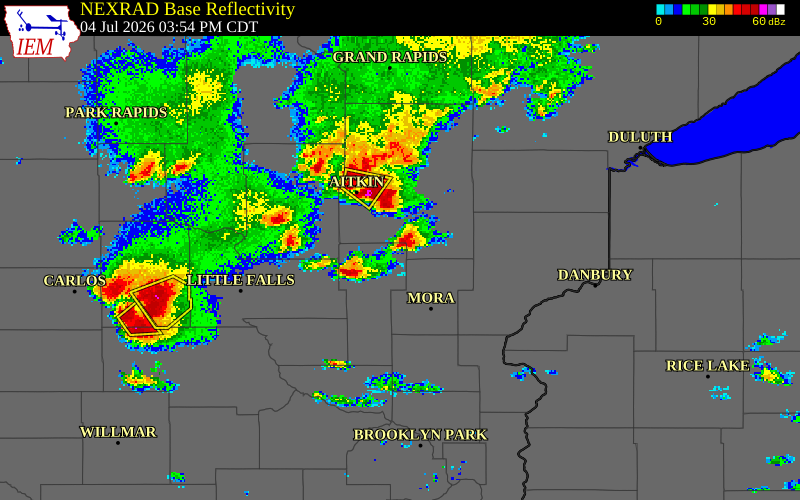 NEXRAD radar during the Saturday, July 4, 2026 storm activity in Mille Lacs County, Minnesota