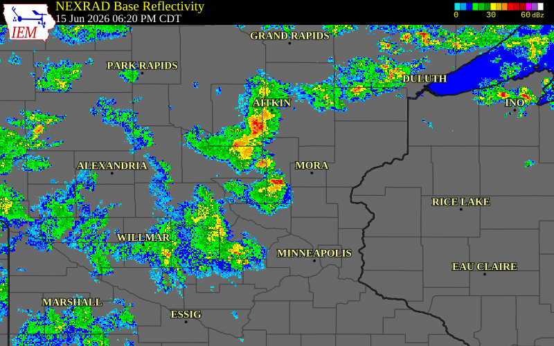 Radar snapshot during the Jun 15, 2026 wind event near 8 N Milaca, Mille Lacs County, Minnesota, with NWS warning polygons