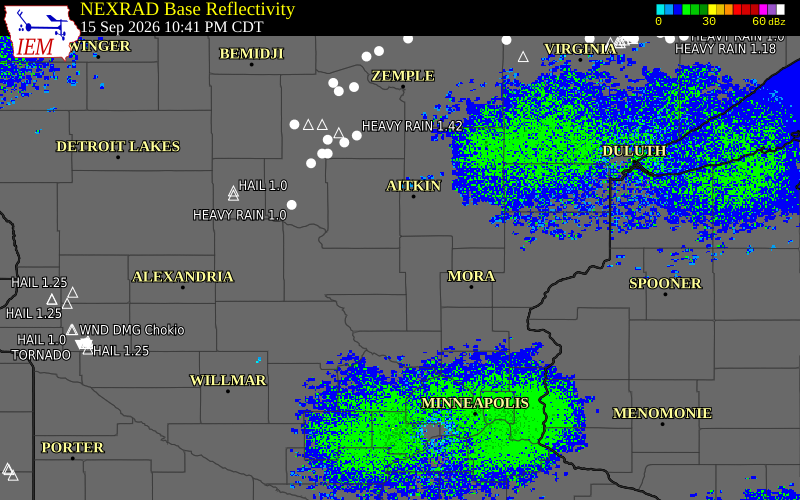 Current NEXRAD radar over Mille Lacs County, Minnesota with recent storm report locations