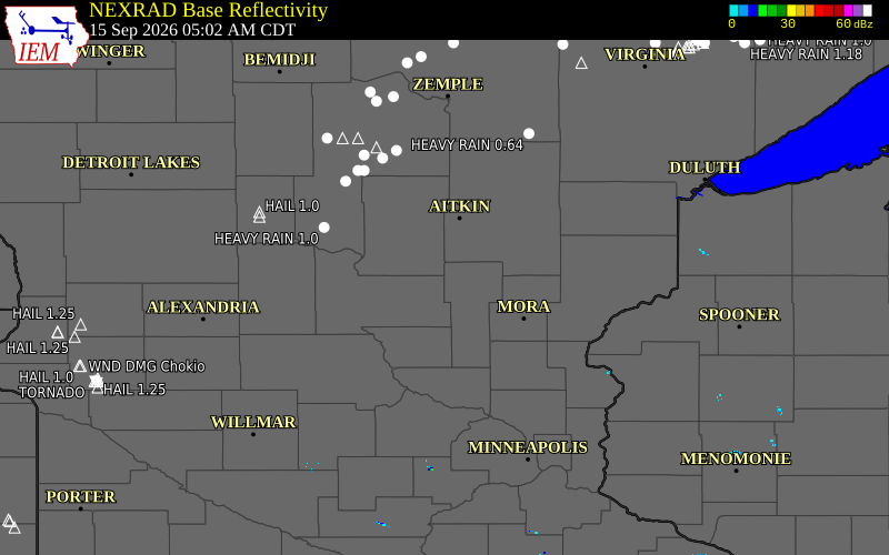 Current NEXRAD radar over Morrison County, Minnesota with recent storm report locations