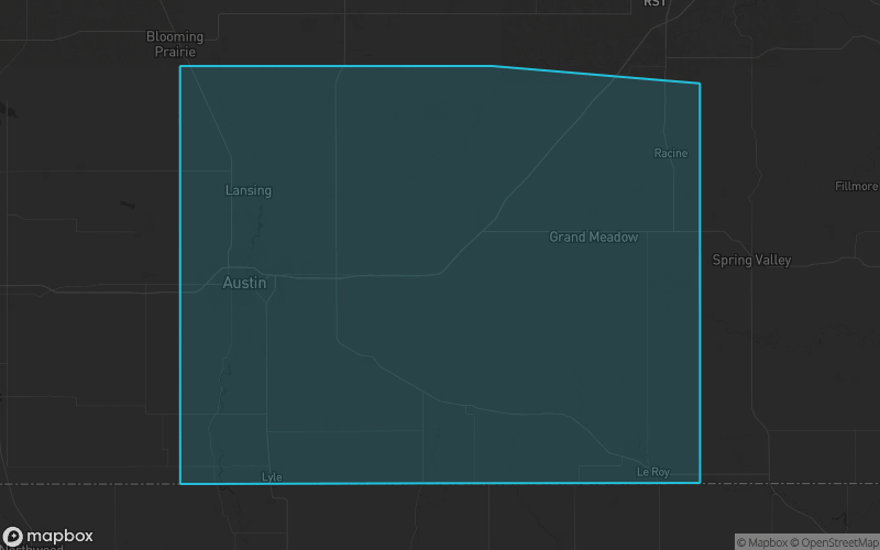 Map of Mower County, Minnesota showing the county boundary and surrounding cities