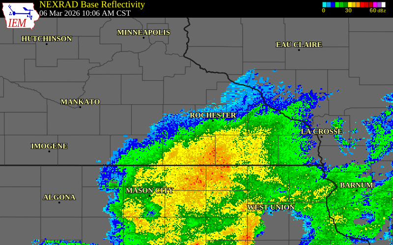 NEXRAD radar during the Friday, March 6, 2026 storm activity in Mower County, Minnesota