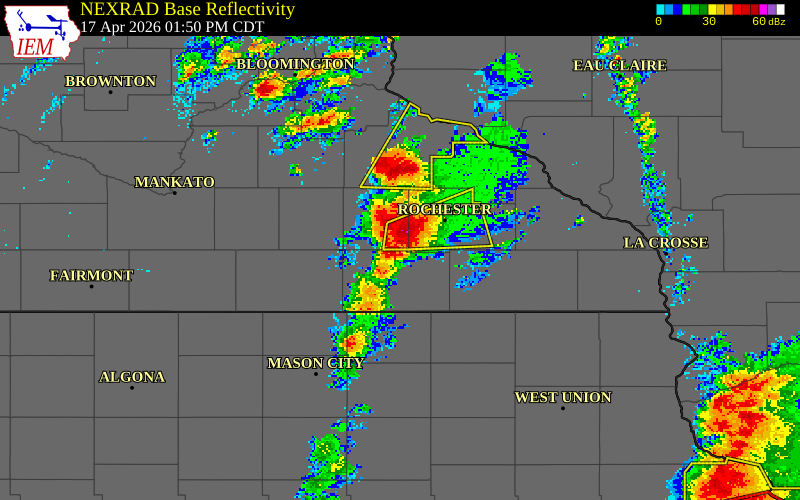 NEXRAD radar during the Friday, April 17, 2026 storm activity in Mower County, Minnesota