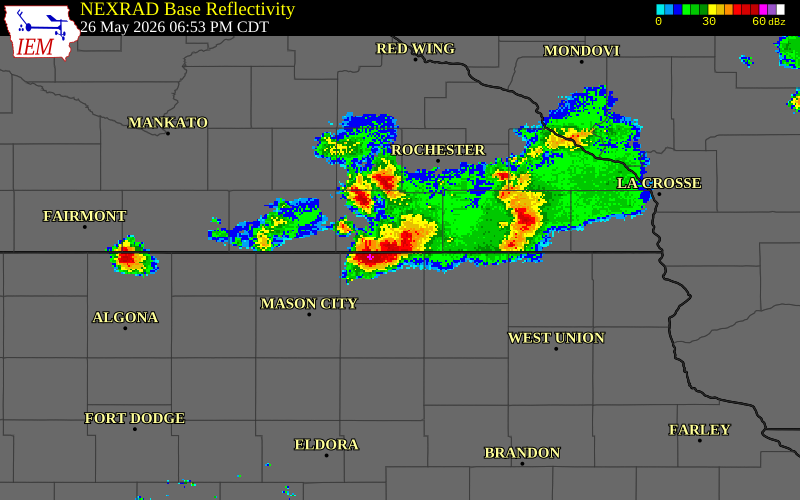 NEXRAD radar during the Tuesday, May 26, 2026 storm activity in Mower County, Minnesota