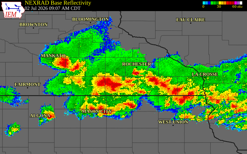 NEXRAD radar during the Thursday, July 2, 2026 storm activity in Mower County, Minnesota