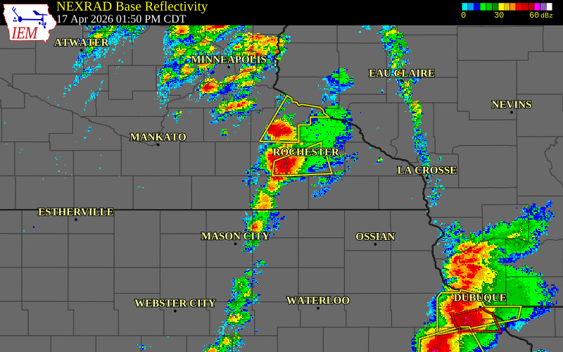 Radar snapshot during the Apr 17, 2026 tornado event near 5 NE Sargeant, Mower County, Minnesota, with NWS warning polygons