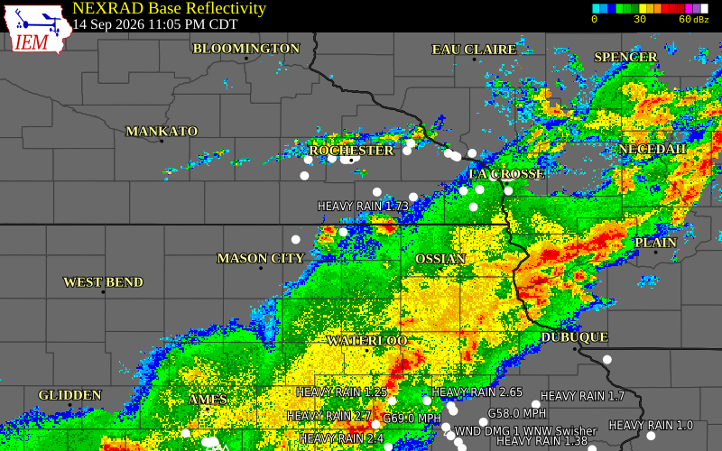 Current NEXRAD radar over Mower County, Minnesota with recent storm report locations