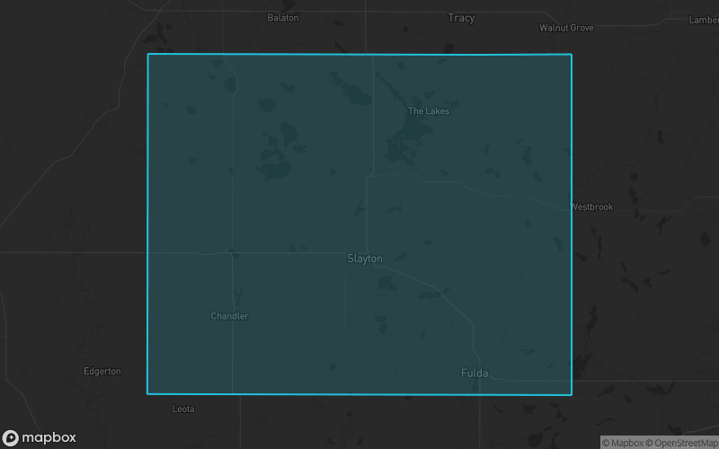 Map of Murray County, Minnesota showing the county boundary and surrounding cities