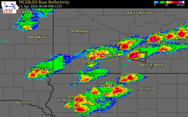 NEXRAD radar during the Monday, April 13, 2026 storm activity in Murray County, Minnesota