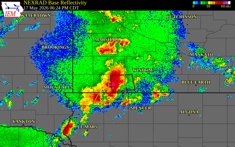 NEXRAD radar during the Sunday, May 17, 2026 storm activity in Murray County, Minnesota