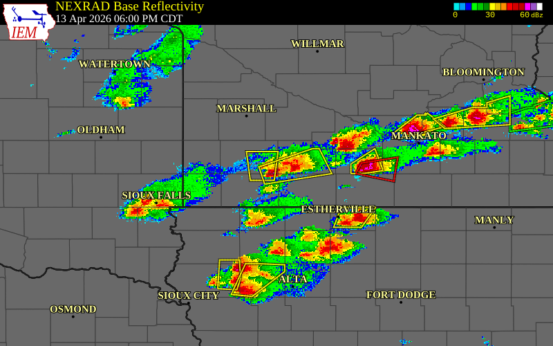 Radar snapshot during the Apr 13, 2026 hail event near 1 NNW Dundee, Murray County, Minnesota, with NWS warning polygons