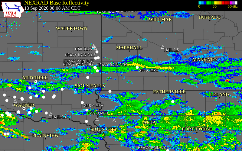 Current NEXRAD radar over Murray County, Minnesota with recent storm report locations