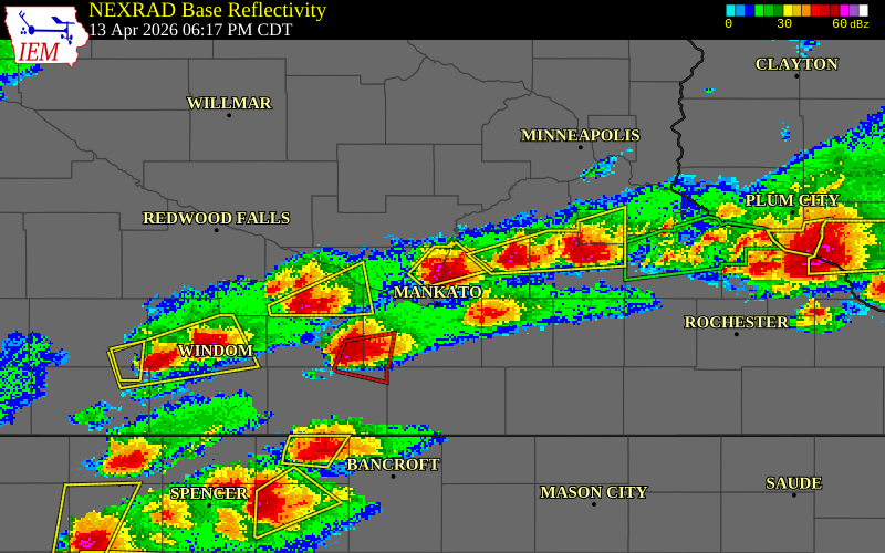 NEXRAD radar during the Monday, April 13, 2026 storm activity in Nicollet County, Minnesota