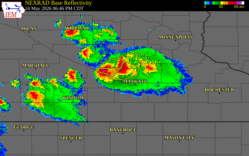 NEXRAD radar during the Sunday, May 24, 2026 storm activity in Nicollet County, Minnesota