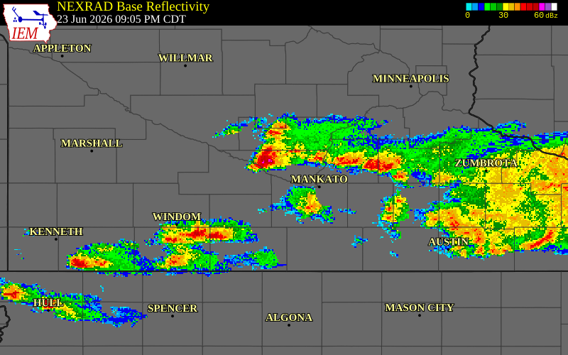 NEXRAD radar during the Tuesday, June 23, 2026 storm activity in Nicollet County, Minnesota