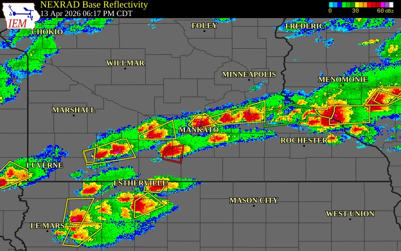 Radar snapshot during the Apr 13, 2026 hail event near 1 S St. Peter, Nicollet County, Minnesota, with NWS warning polygons