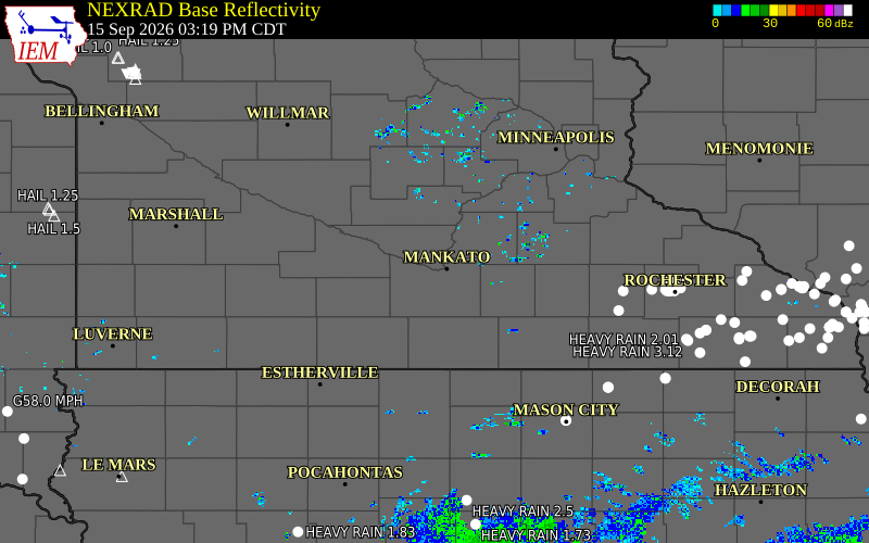 Current NEXRAD radar over Nicollet County, Minnesota with recent storm report locations