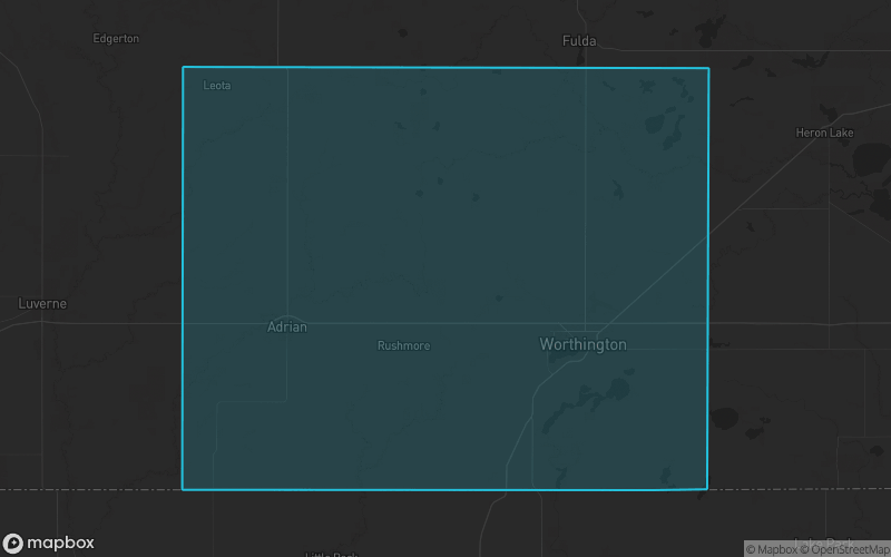Map of Nobles County, Minnesota showing the county boundary and surrounding cities