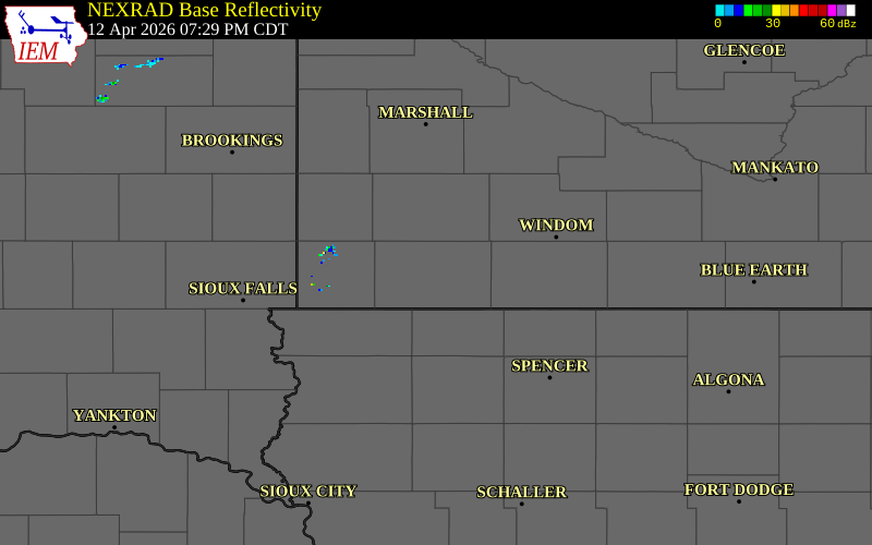 NEXRAD radar during the Sunday, April 12, 2026 storm activity in Nobles County, Minnesota