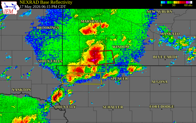 NEXRAD radar during the Sunday, May 17, 2026 storm activity in Nobles County, Minnesota