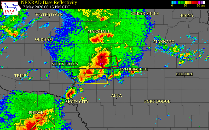 Radar snapshot during the May 17, 2026 tornado event near 3 SW Worthington, Nobles County, Minnesota, with NWS warning polygons