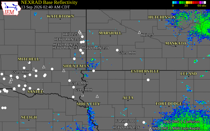 Current NEXRAD radar over Nobles County, Minnesota with recent storm report locations