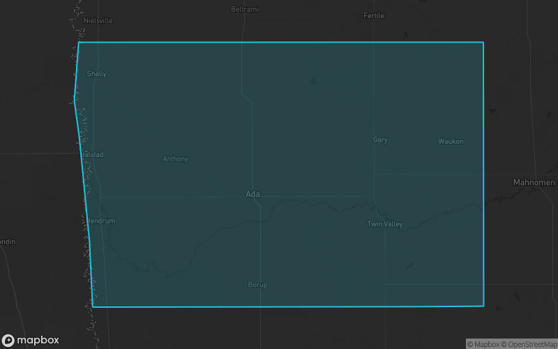 Map of Norman County, Minnesota showing the county boundary and surrounding cities