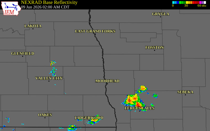 NEXRAD radar during the Tuesday, June 9, 2026 storm activity in Norman County, Minnesota