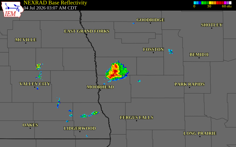 NEXRAD radar during the Saturday, July 4, 2026 storm activity in Norman County, Minnesota