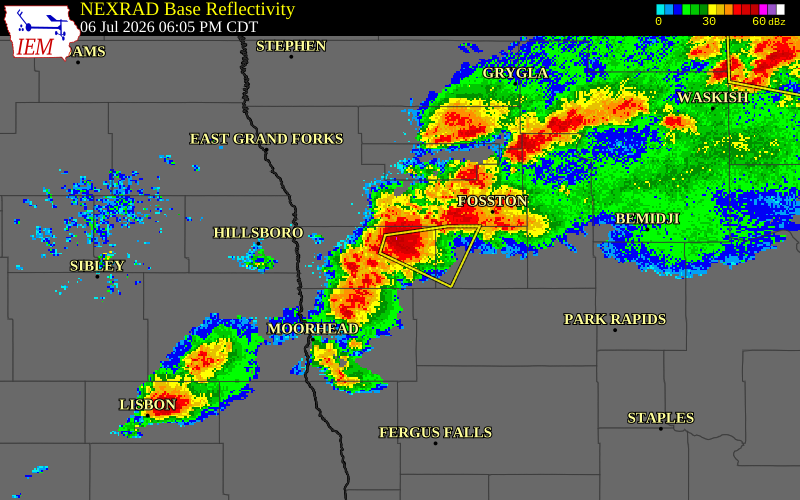 NEXRAD radar during the Monday, July 6, 2026 storm activity in Norman County, Minnesota