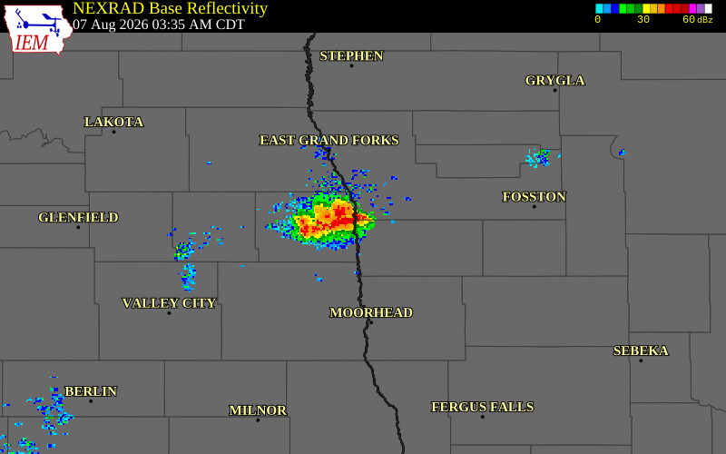 NEXRAD radar during the Friday, August 7, 2026 storm activity in Norman County, Minnesota