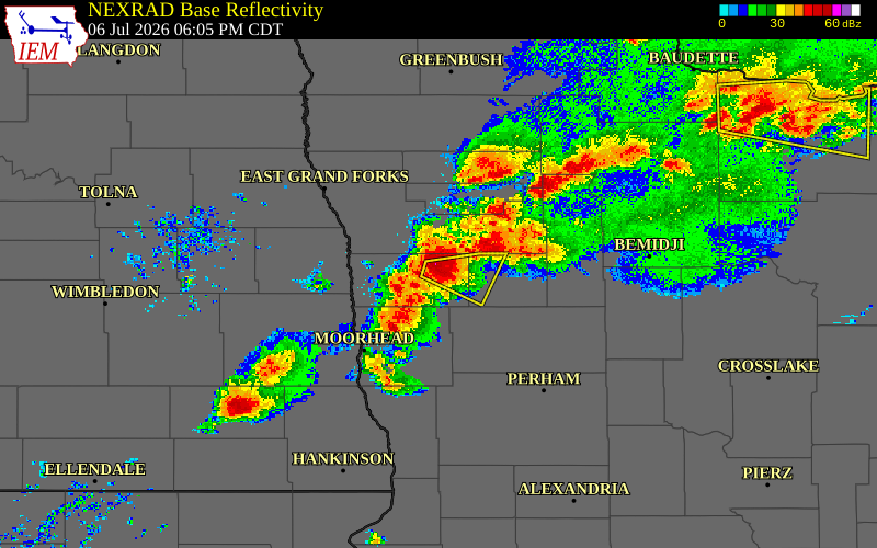 Radar snapshot during the Jul 6, 2026 hail event near Gary, Norman County, Minnesota, with NWS warning polygons