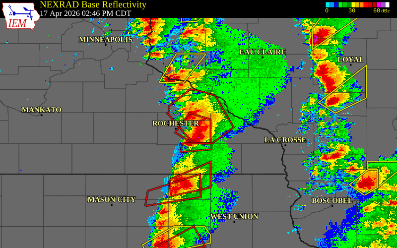 NEXRAD radar during the Friday, April 17, 2026 storm activity in Olmsted County, Minnesota
