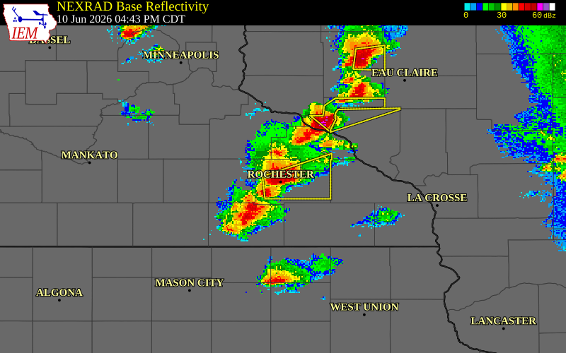 NEXRAD radar during the Wednesday, June 10, 2026 storm activity in Olmsted County, Minnesota
