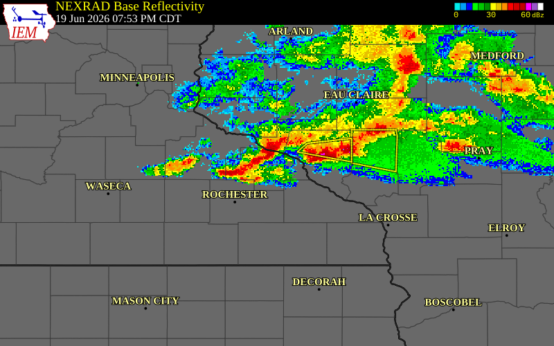 NEXRAD radar during the Friday, June 19, 2026 storm activity in Olmsted County, Minnesota