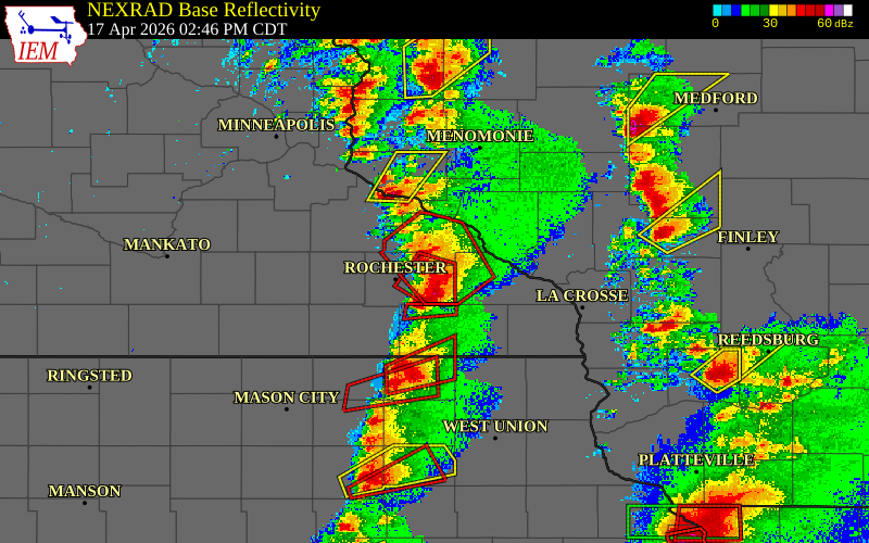 Radar snapshot during the Apr 17, 2026 tornado event near 2 E Viola, Olmsted County, Minnesota, with NWS warning polygons