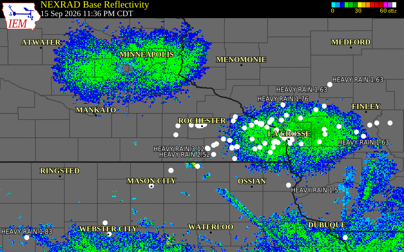 Current NEXRAD radar over Olmsted County, Minnesota with recent storm report locations