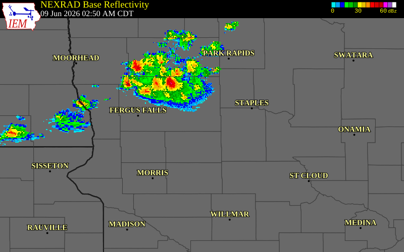 NEXRAD radar during the Tuesday, June 9, 2026 storm activity in Otter Tail County, Minnesota