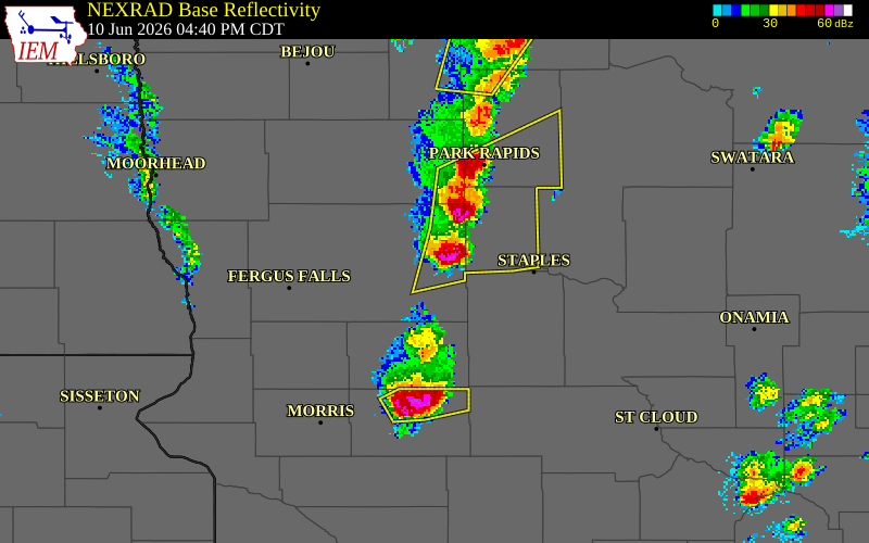 NEXRAD radar during the Wednesday, June 10, 2026 storm activity in Otter Tail County, Minnesota