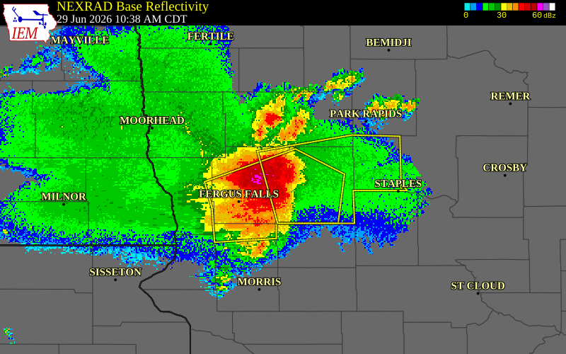 NEXRAD radar during the Monday, June 29, 2026 storm activity in Otter Tail County, Minnesota