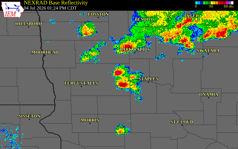 NEXRAD radar during the Saturday, July 4, 2026 storm activity in Otter Tail County, Minnesota