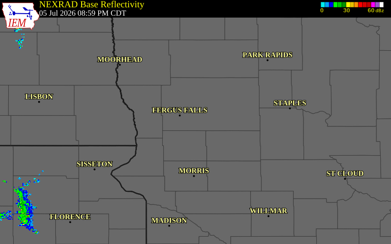 NEXRAD radar during the Sunday, July 5, 2026 storm activity in Otter Tail County, Minnesota