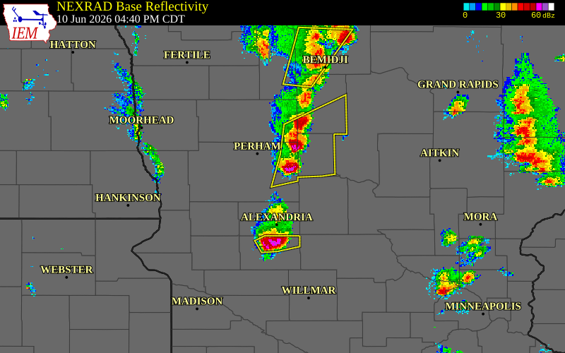 Radar snapshot during the Jun 10, 2026 hail event near 2 S Deer Creek, Otter Tail County, Minnesota, with NWS warning polygons