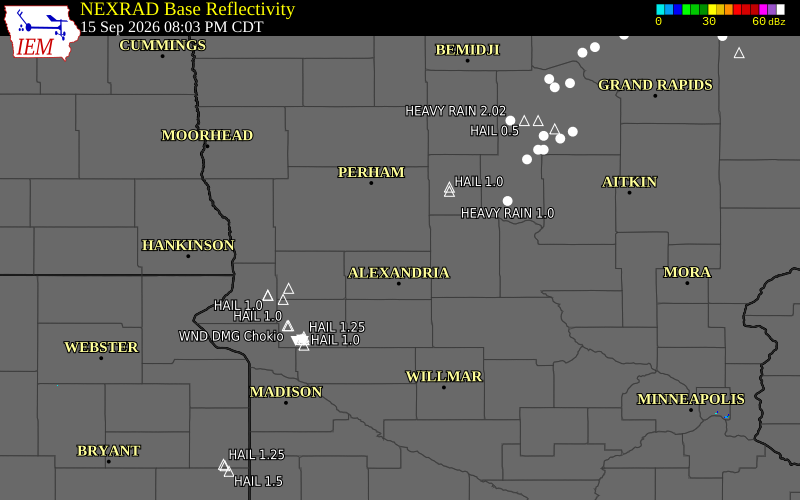 Current NEXRAD radar over Otter Tail County, Minnesota with recent storm report locations