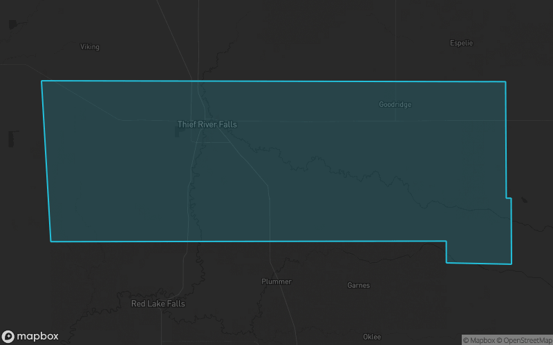 Map of Pennington County, Minnesota showing the county boundary and surrounding cities